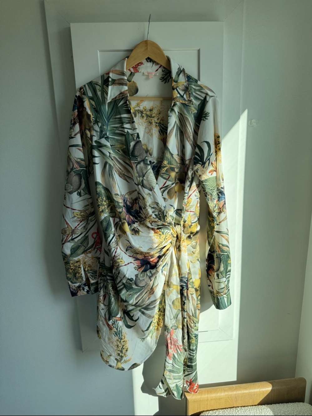 Vici Tropical Floral Wrap Dress in White, Green, Yellow